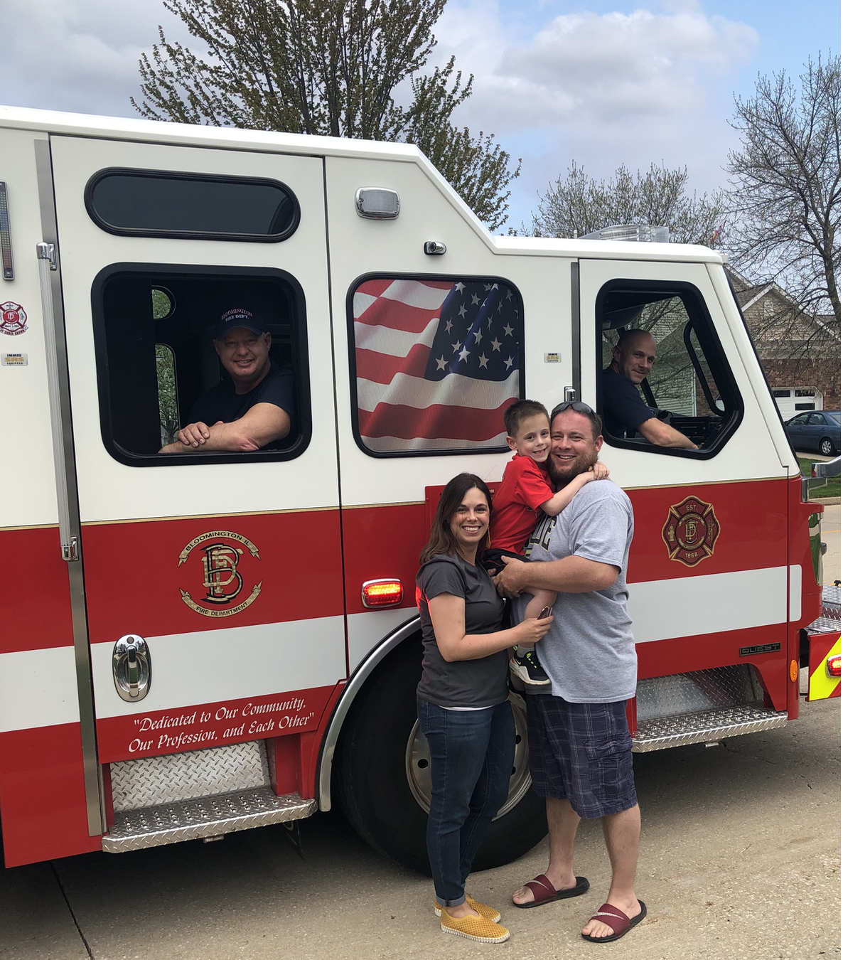 Firemen are heroes. Fire truck to help celebrate birthday during Coronavirus. 